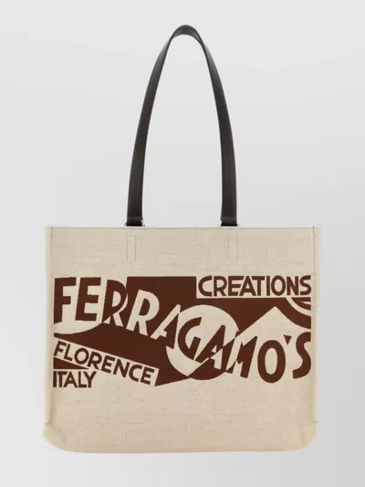 FERRAGAMO CANVAS SHOPPING BAG LEATHER HANDLES