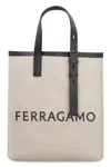 Ferragamo Canvas Tote Bag With Logo In Ecru