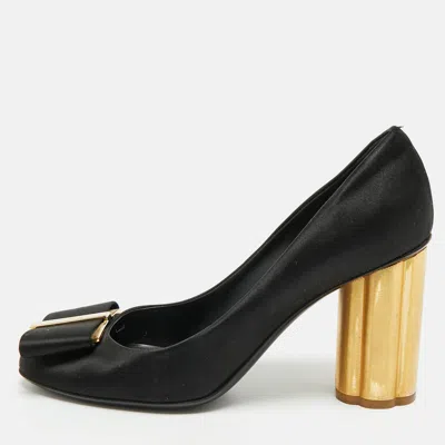 Pre-owned Ferragamo Capua Size 38 Black Satin Block Heel Pumps