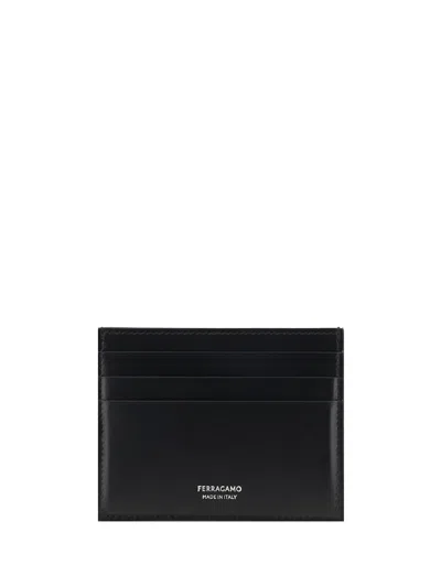 Ferragamo Florence Black Card Holder With Logo Lettering On The Front In Grained Leather Man