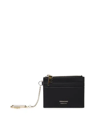 Ferragamo Card Holder With Key Ring In Black