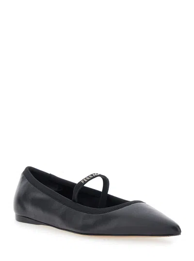 FERRAGAMO CARICE BLACK BALLET SHOES WITH RIBBON DETAIL AND LOGO LETTERING ON THE FRONT IN LEATHER WOMAN