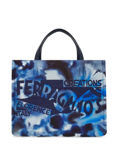 Ferragamo Carnation Print Tote Bag (m) In Blue