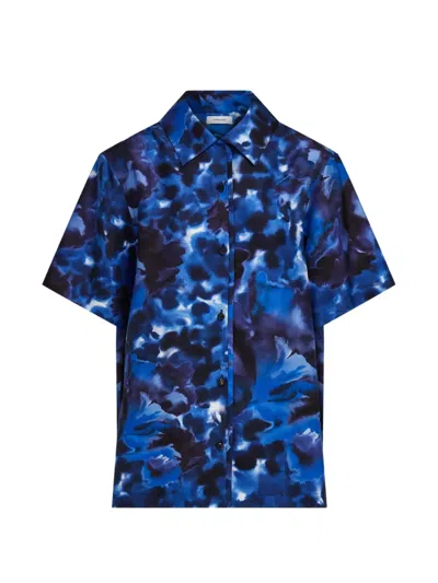 Ferragamo Carnation-print Short-sleeved Shirt In Blue