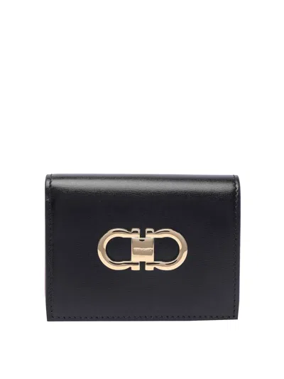 Ferragamo Black Gancini Wallet With Clip And Slots