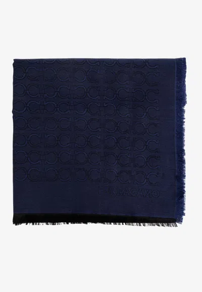 Ferragamo Cashmere And Silk Monogram Scarf In Navy
