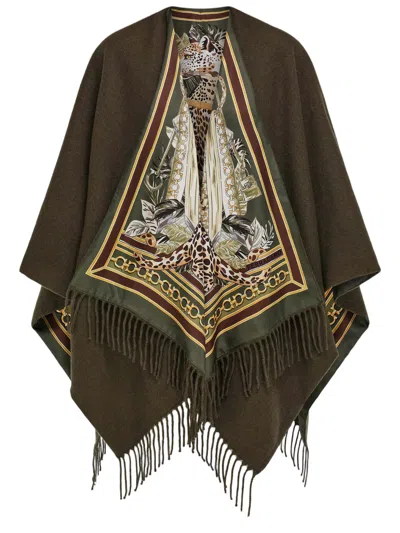 Ferragamo Cashmere Blend Cape With Fringed Edges And Intricate Silk Lining In Black