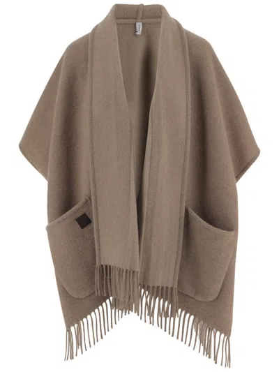 Ferragamo Cashmere Cape With Wrap Neckline And Fringed Hem In Brown