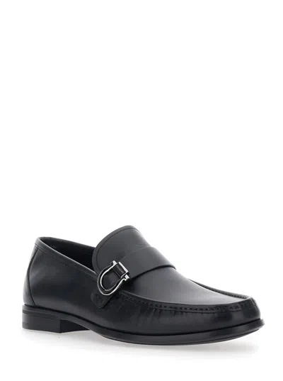 Ferragamo Caspian Black Loafers With Gancino Plaque On The Side In Leather Man
