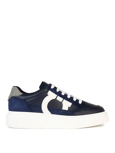 Ferragamo Suede-trimmed Leather Sneakers In Blue