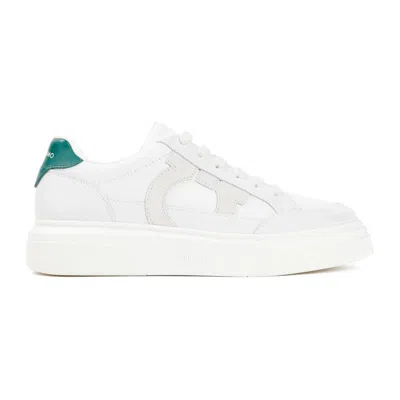 Ferragamo Cassina Off White And Green Suede Leather Sneakers