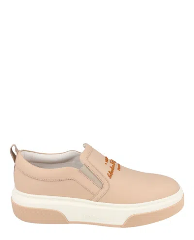 Ferragamo Logo-embroidered Leather Sneakers In Neutral