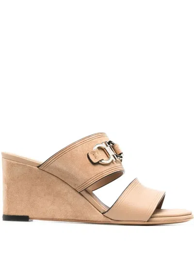 Ferragamo Chaim 75mm Suede Wedge Mules In Neutral
