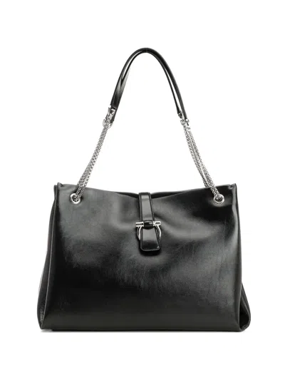 Ferragamo Chain Handle Leather Tote Bag In Black