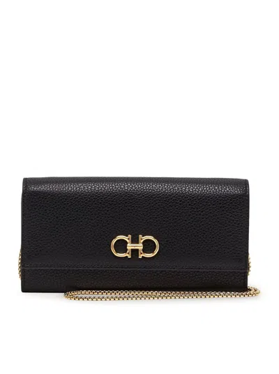 Ferragamo Woman Gancini Wallet With Chain In Black