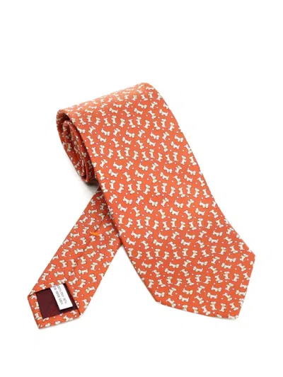 Ferragamo Charlie Dog-print Silk Tie In Orange