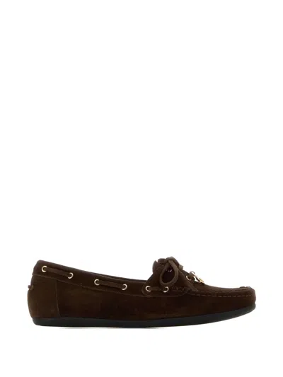Ferragamo Moccasin-inspired Brown Suede Flats With Gold-tone Eyelets