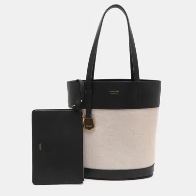 Ferragamo Charming Beige/black Canvas And Leather Tote In Sand