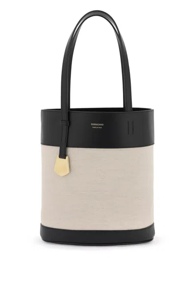 Ferragamo Charming Linen And Cotton Canvas Tote For Women In Neutral