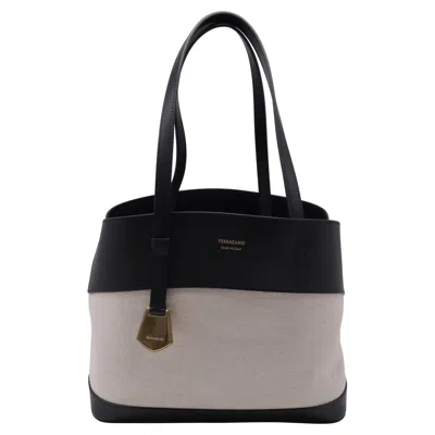 Ferragamo Charming Tote Bag In Beige Canvas And Leather In Multi