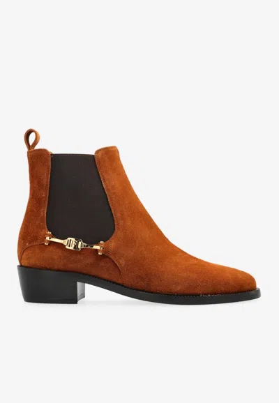 Ferragamo Chelsea F-buckle Suede Boots In Brown