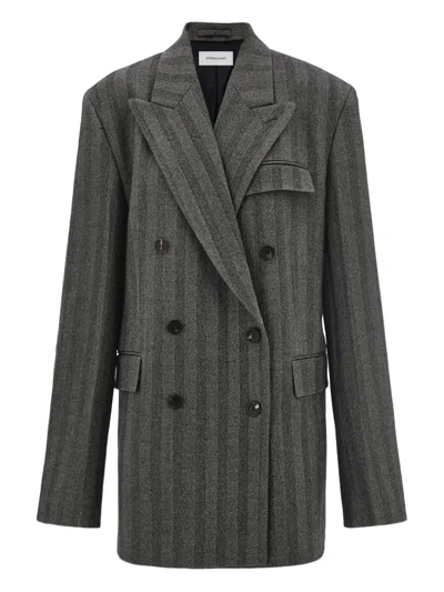 Ferragamo Chevron-pattern Double-breasted Coat In Black