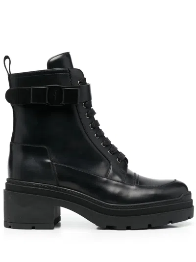Ferragamo Chunky Leather Biker Boots In Black