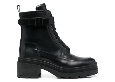 Pre-owned Ferragamo Chunky Leather Biker Boots (women's) Sneakers In Black