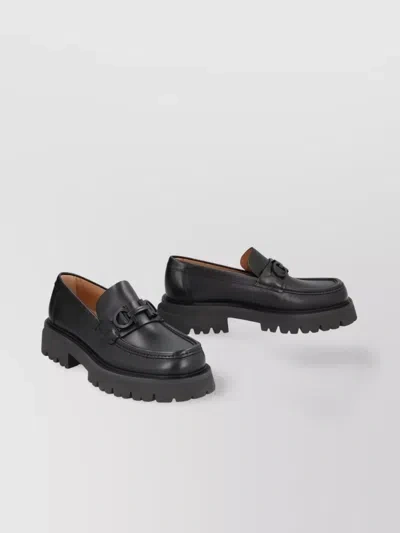 Ferragamo Chunky Sole Leather Loafers With Metal Horsebit In Black