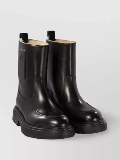 Ferragamo Chunky Sole Mid-calf Pull Tab Round Toe Boots In Black