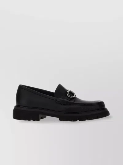 FERRAGAMO CHUNKY SOLE ROUND TOE SILVER BUCKLE LOAFERS