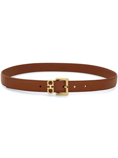 Ferragamo Leather Belt With Double Hooks And Square Buckle In Brown