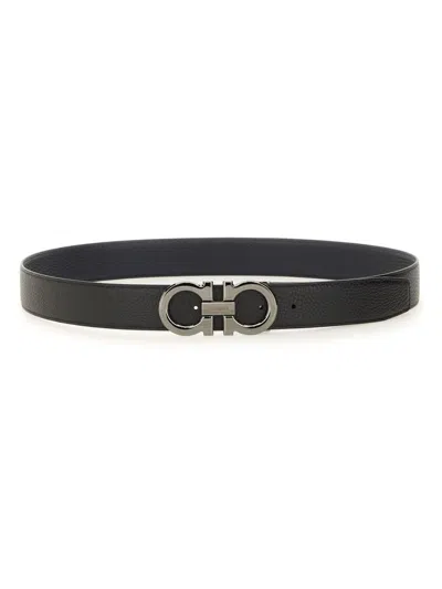 Ferragamo Reversible Textured Calfskin Belt In Black