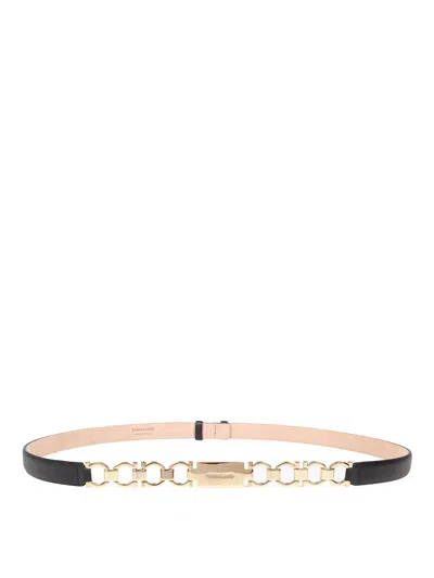Ferragamo Bijoux Belt In Black Leather In Beige