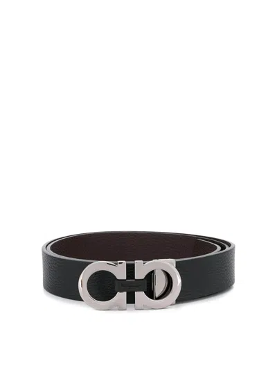 Ferragamo Reversible Embossed Gancini Leather Belt In Deep Ocean Nero