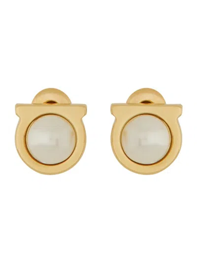 Ferragamo Circular Pearl Earrings With Brass Frame