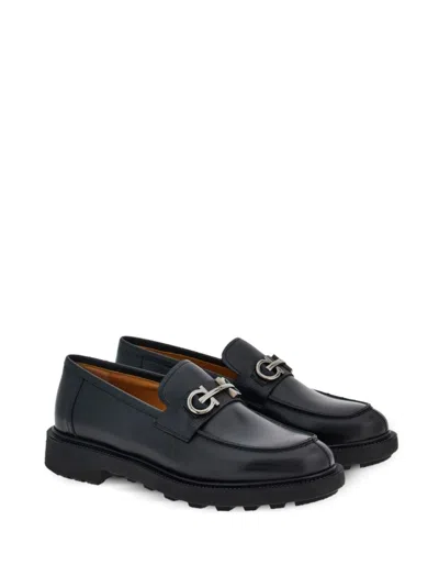 Ferragamo Classic Black Leather Loafers With Gancini Hook Plaque