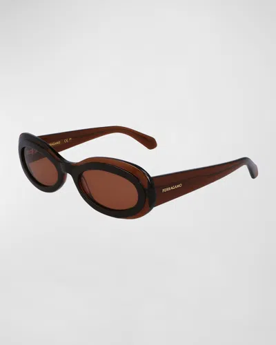 Ferragamo Classic Logo Acetate Oval Sunglasses In Brown