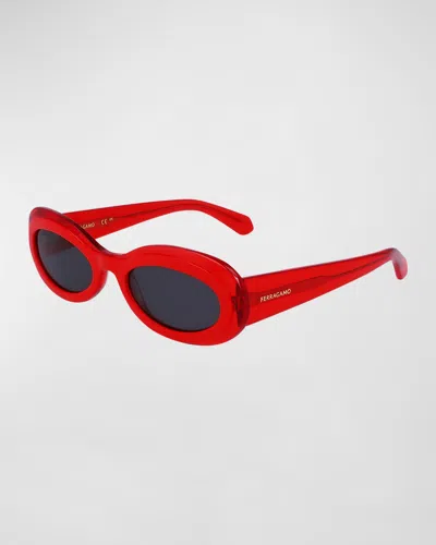 Ferragamo Classic Logo Acetate Oval Sunglasses In Red
