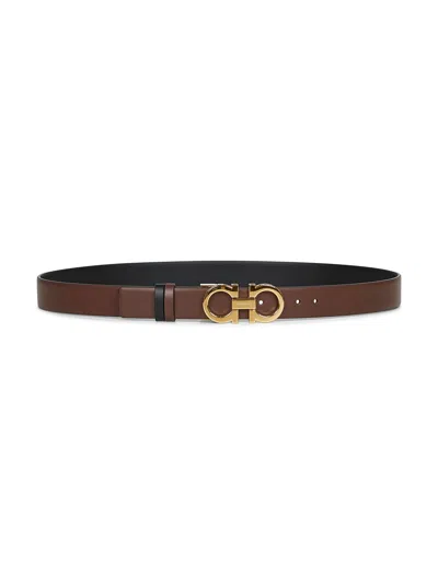 FERRAGAMO COCOA BROWN LEATHER GANCINI REVERSIBLE BELT<BR/>