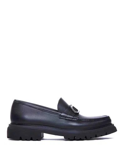 Ferragamo Leather Loafer With Gancini Metal Detail In Black