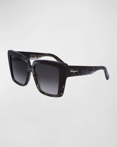 Ferragamo Color-block Square Acetate Sunglasses In Grey Marble/bordeaux