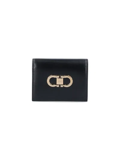 Ferragamo Compact Black Wallet With Gold-tone Clasp