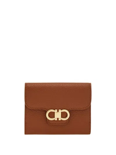 Ferragamo Compact Gancini Wallet In Nappa Leather In Brown