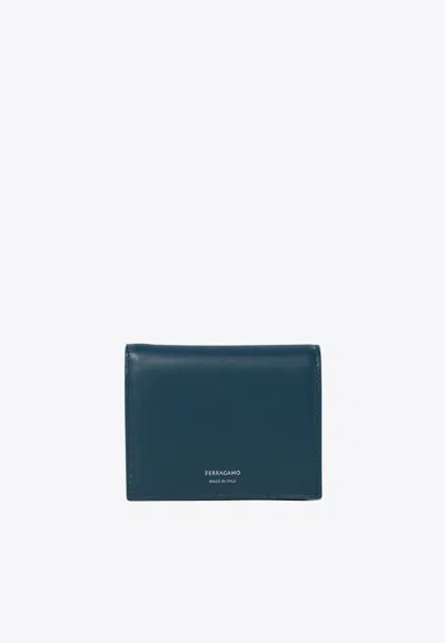 Ferragamo Compact Leather Logo Wallet In Blue