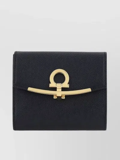 Ferragamo Compact Wallet Gancini Gold Hardware In Black