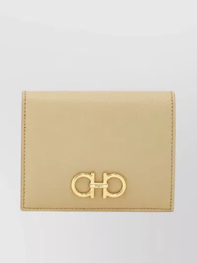 Ferragamo Compact Wallet With Golden Finish Gancini In Neutrals