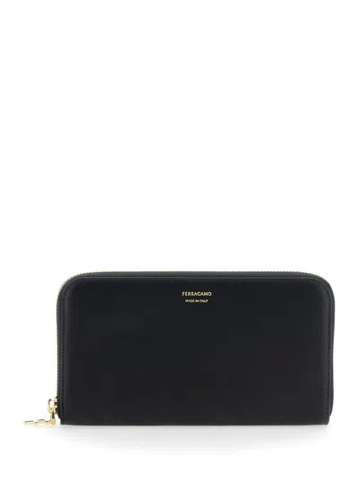 Ferragamo 'continental' Black Wallet With Logo Lettering On The Front In Leather Woman