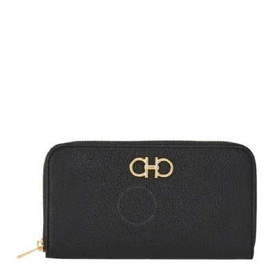 Ferragamo Continental Zip Around Gancini Wallet In Black