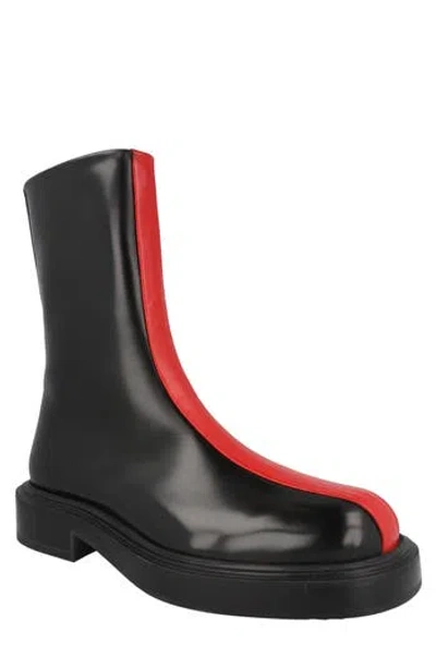 Ferragamo Contrasting Insert Leather Ankle Boot In Black